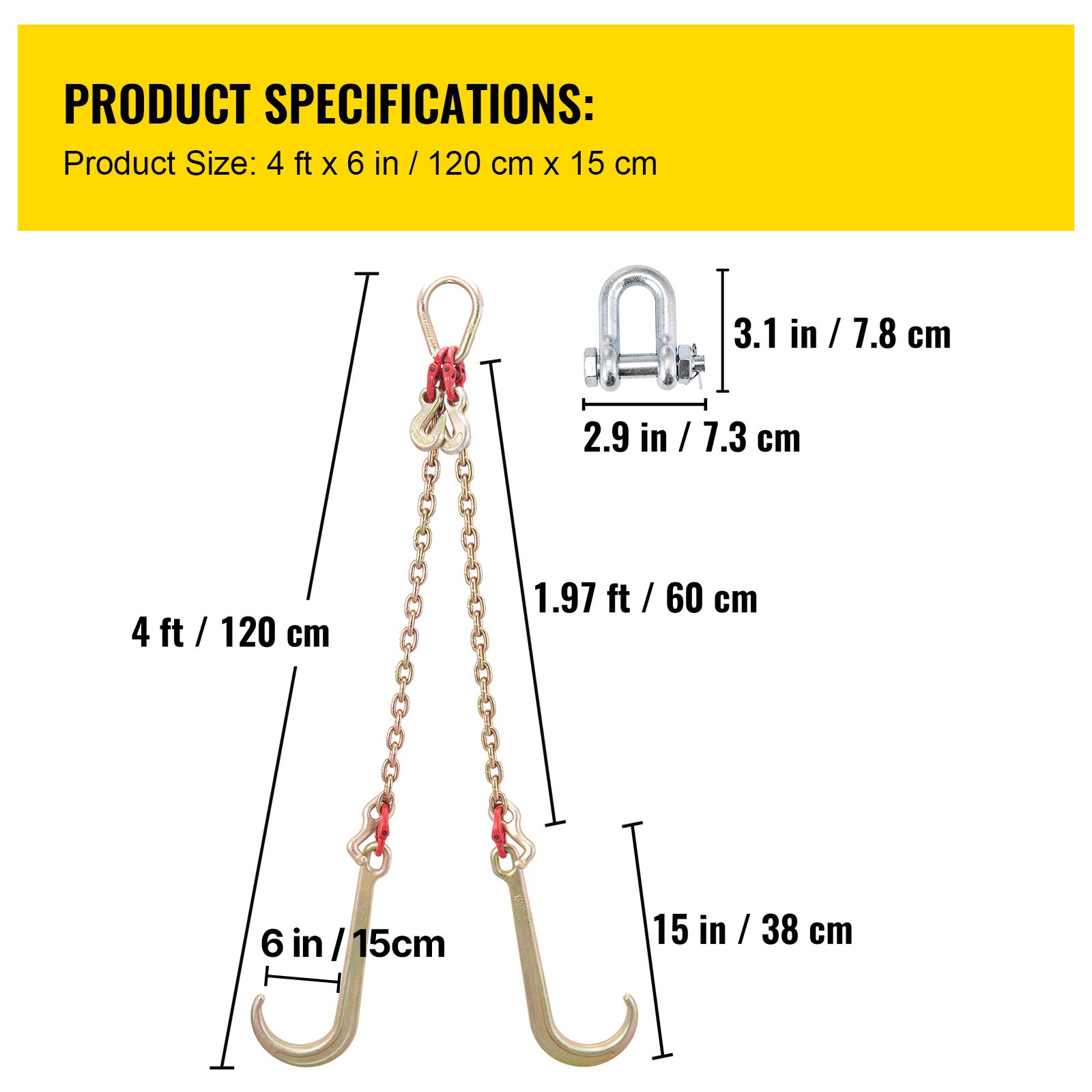 VEVOR V Harness Chain, 8 mm x 60 cm Harness Tie Down Chain, Grade 80 V-Harness Transport Chain, 4898 kg Breaking Strength, with TJ Hooks and Crab Hooks, Heavy Duty Pear Link Connector and Chain Shortener