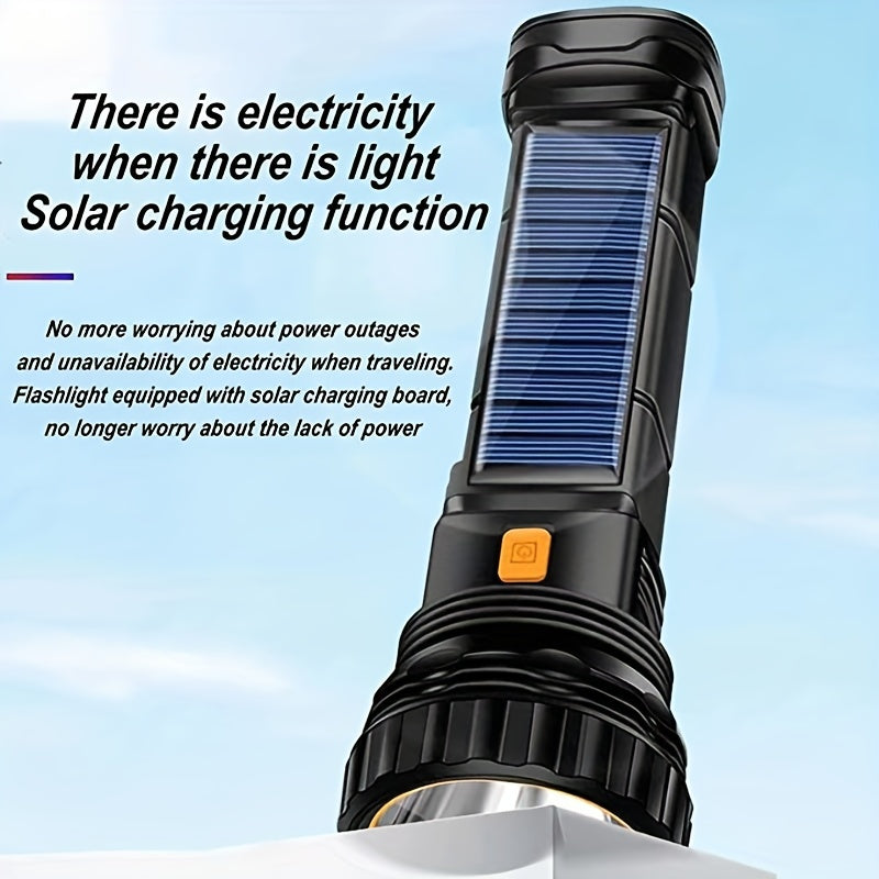 1 Solar/Rechargeable Multi-Functional LED Flashlight with Emergency Strobe, Battery, USB Charging Cable, Fast Charging, 800m Range, 3 Modes, Not Waterproof, PVC Material, ≤36V Operating Voltage