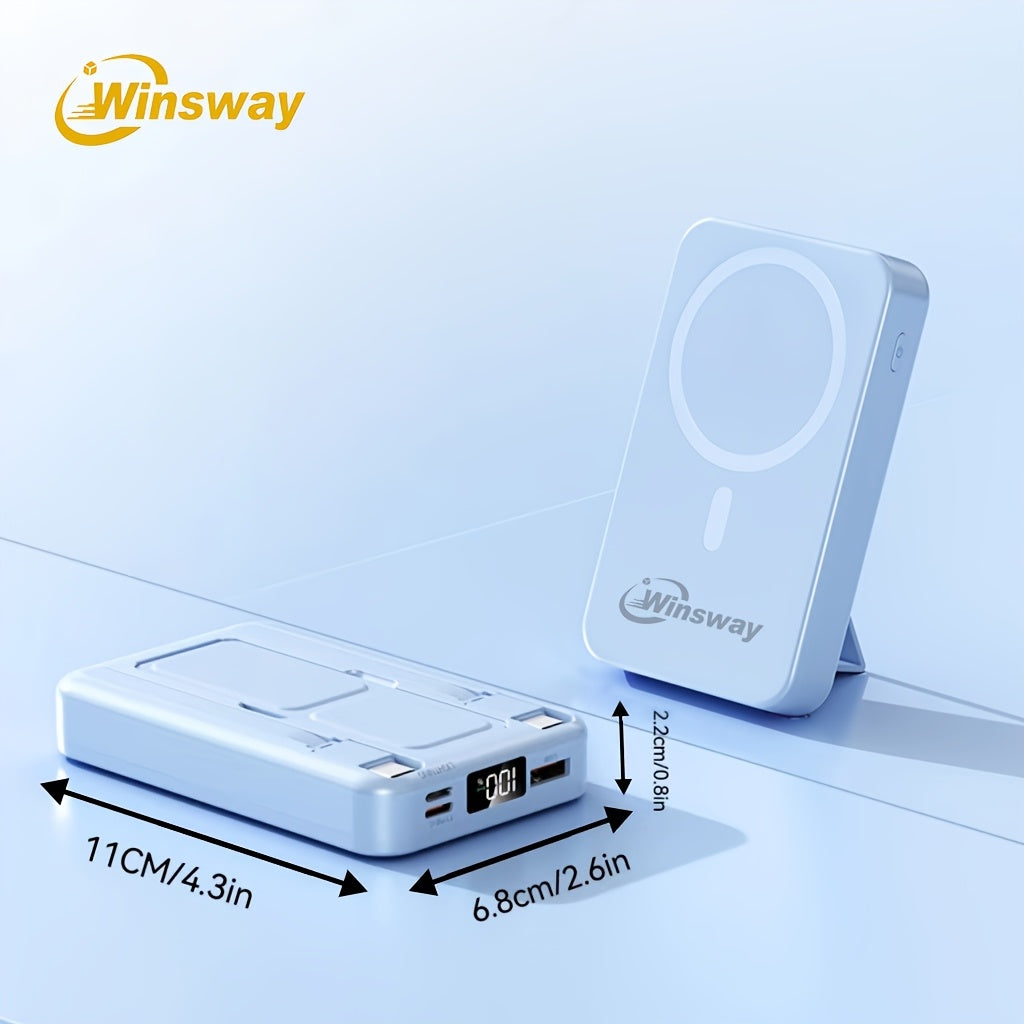 Winsway 10000mAh 磁吸無線行動電源，22.5W 快速充電行動電源，包含 Type-C 資料線、USB 連接埠、LED 螢幕和可折疊支架，適合送給 Iphone 和 Android 裝置的聖誕禮物