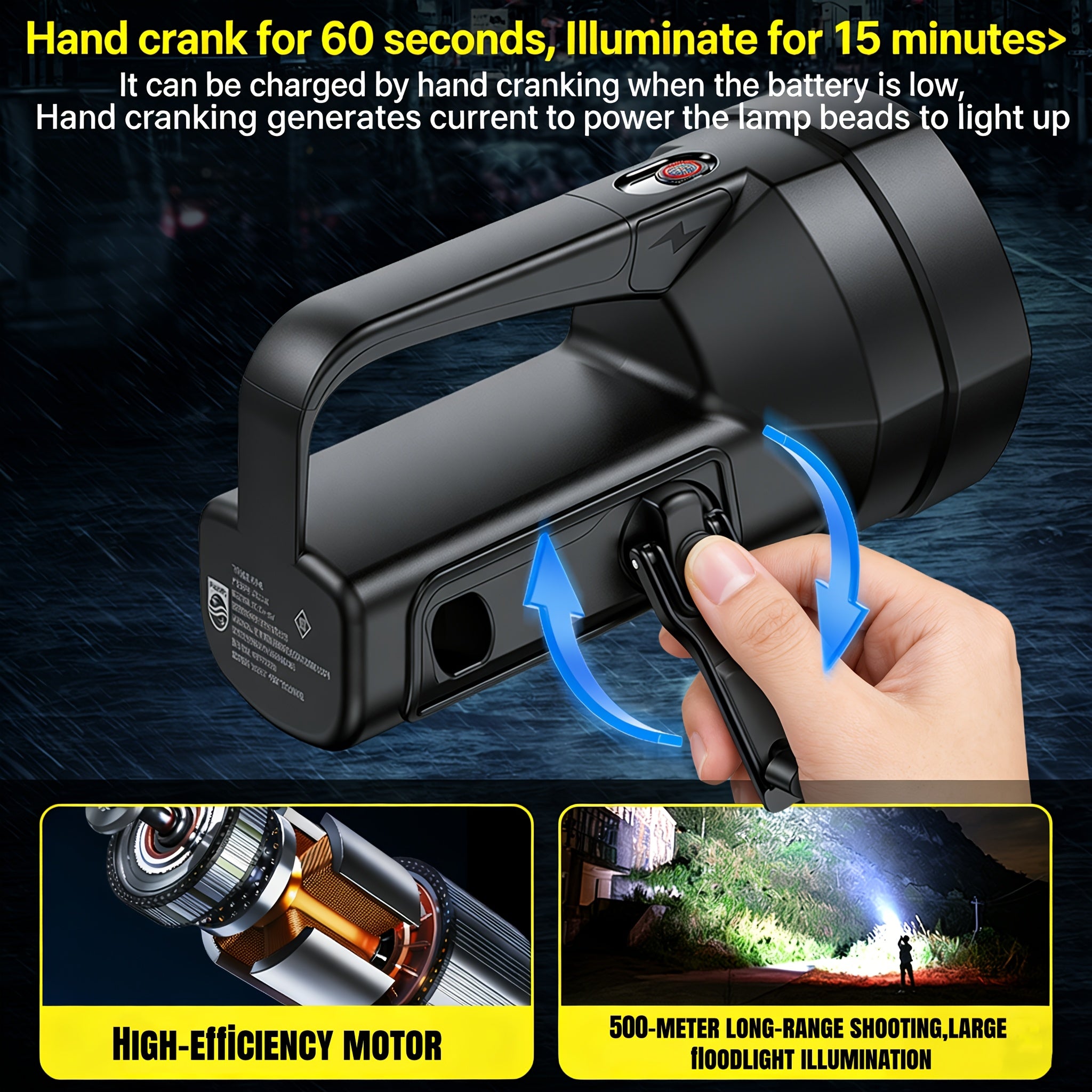 Philips High Lumen Flashlight, Hand Crank Emergency Function, 5 Adjustable Lighting Modes, High Capacity Battery for Long-Lasting Runtime, COB Side Light, Ideal for Fishing, Emergencies, Outdoor Activities, Camping & Home Use