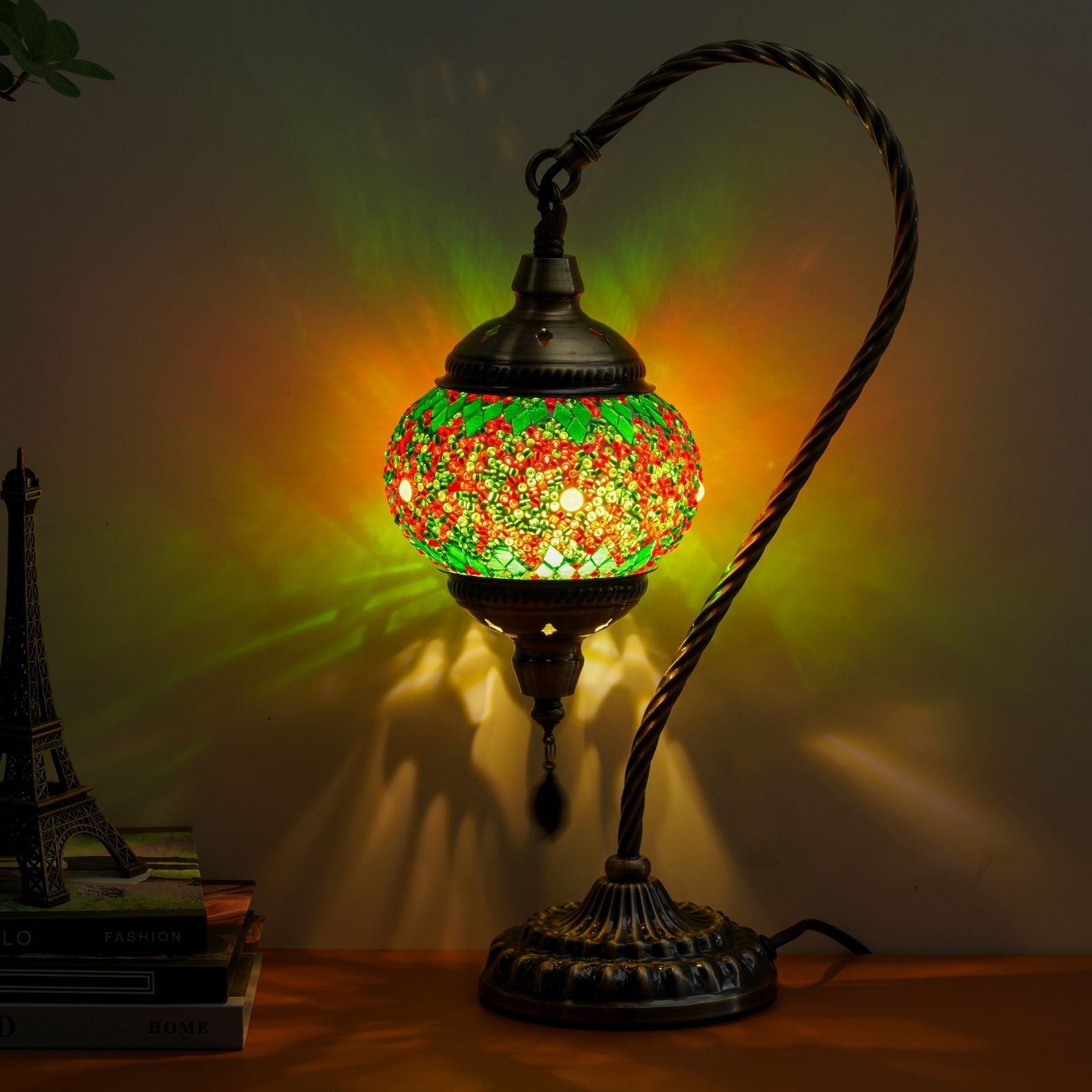 Turkish mosaic table lamp, Moroccan style metal base three-color handmade swan neck mosaic glass bedside lamp, suitable for bedroom and living room (bulb included)