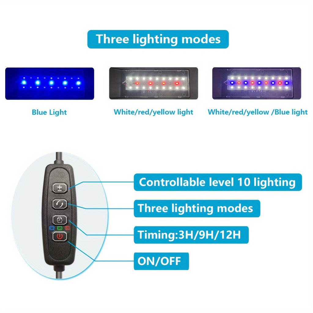 1/2 Pcs LED Aquarium Light, 3/9/12H Timer, 3 Color Temperature USB Powered, 10 Dimmable Brightness Levels, Rich Grow Light for Fish and Aquatic Plants, Battery-Free