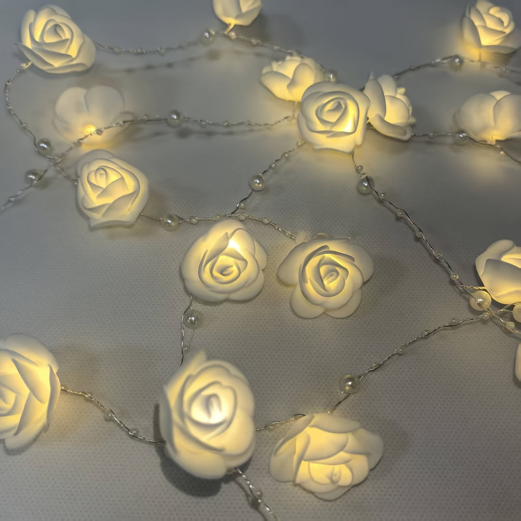 200cm/78.7INCH 玫瑰花珍珠链灯串，20Led 仙女灯2AA电池盒（ON/OFF,不含电池），适用于情人节、婚礼现场布置、室内氛围装饰、酒店装饰、商店橱窗装饰等