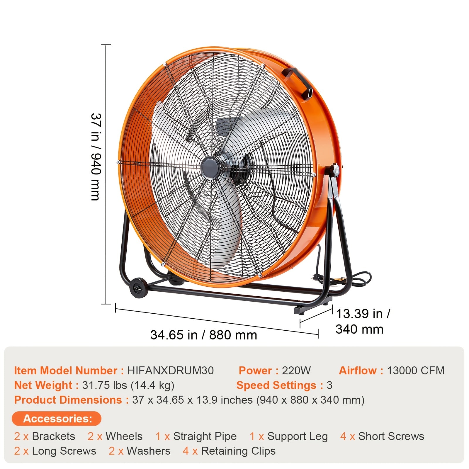VEVOR 30 Inch High Velocity Blower, Industrial Use, 3-Speed 13000CFM, for Warehouse