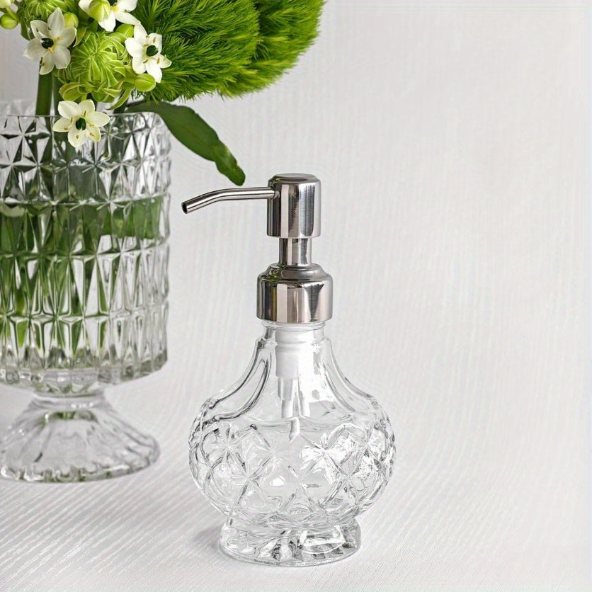 Glass Soap Dispenser with Pump - Clear Crystal Design, Vintage Elegance, Refillable Hand Soap Bottle for Bathroom Countertop & Kitchen Sink, 200ml/6.76oz