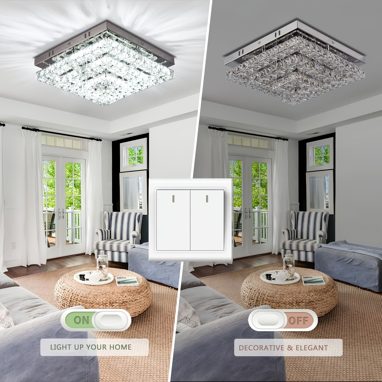 11.8" Elegant Crystal Chandelier LED Crystal Ceiling Light Modern Square Fixture, Suitable for Bedroom, Hallway, Kitchen and Office (6500K Cool White Light), Remote Control Not Included