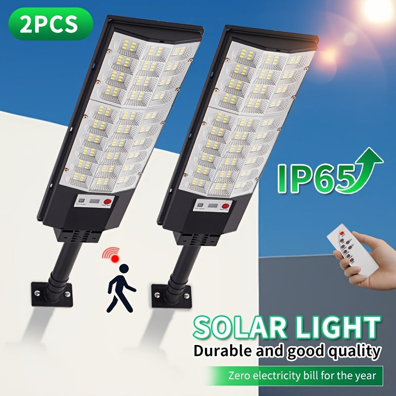 2 Pack 3D Curved Screen Integrated High-Brightness Solar Street Light, with PIR Motion Sensor and Remote Control, Perfect for Parking Lots, Courtyards, Gardens, Villas, Outdoor Solar Light