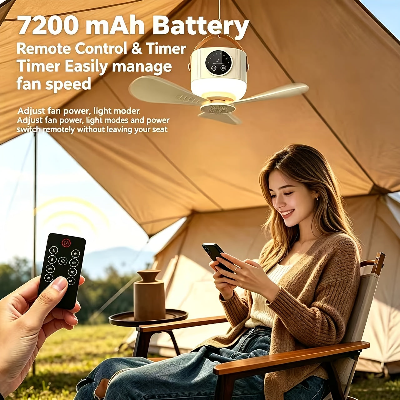 RV Interior Lighting Fan Light, 7200mAh Large Capacity Battery, Dual-Use Floor & Ceiling Fan, Suitable for RV, Tent, Under Sunshade & More Scenes