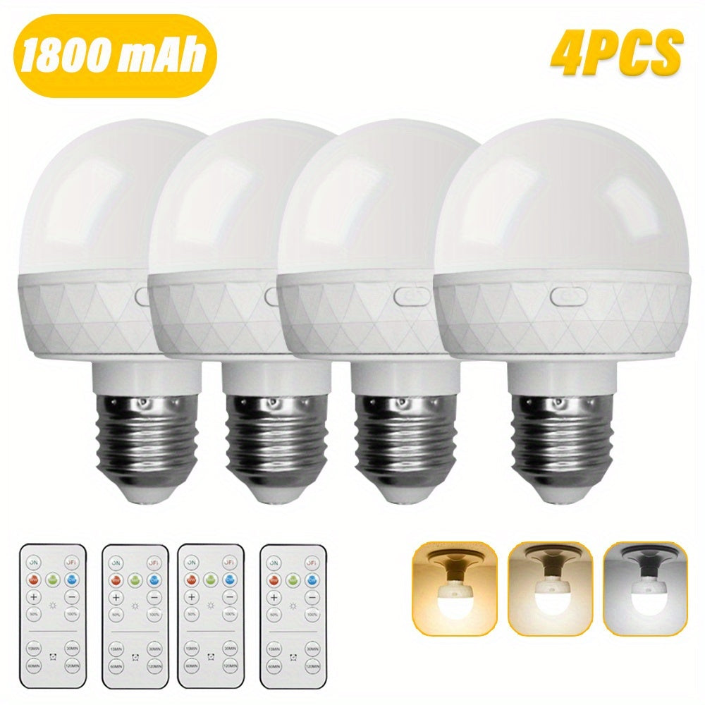 4PCS rechargeable smart LED light, E26/E27 base, with remote control for adjustable color temperature and brightness LED light, USB rechargeable light, suitable for living room, bedroom, chandelier, floor lamp
