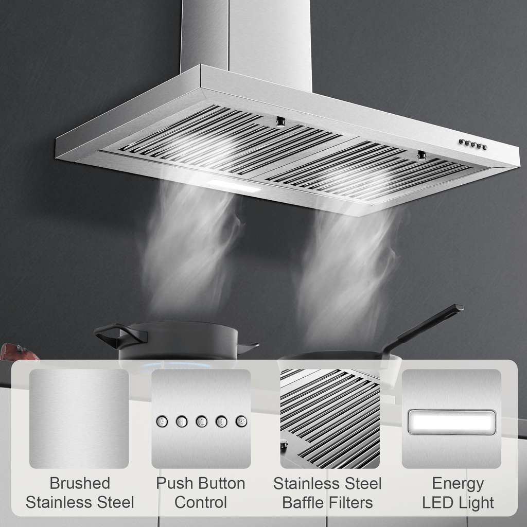 30-Inch Stainless Steel Kitchen Range Hood, 450 CFM, Wall-Mounted Design, with 2 Baffle Filters, 3-Speed Fan, Push-Button Control & LED Lighting/