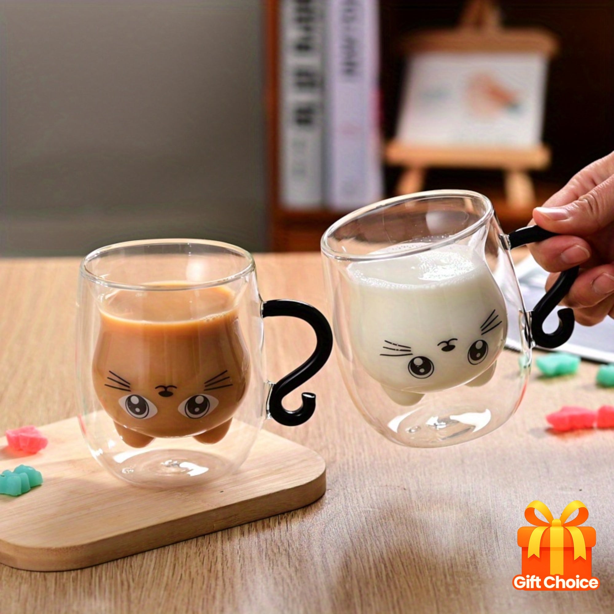 One Cute Cat-Themed Glass Mug, Hollow Double-Wall Insulated Cup for Coffee & Milk, Suitable for Espresso and Beverages, Ideal for All Seasons, Perfect Gift Item