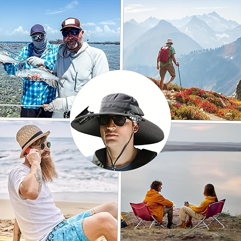 Solar Fan Sun Hat, Rechargeable with Charging Port, Summer Outdoor Wide Brim Bucket Hat, Adjustable Chin Strap, Breathable Mesh, Perfect for Outdoor Sports and Beach Activities