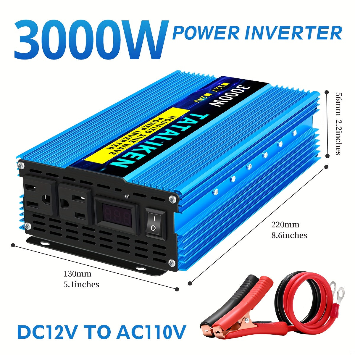 TATALIKEN 电源逆变器3000W/4000W(峰值功率), DC12V转AC110V, 家用备用电源逆变器/低噪音适用于车载, 汽车、房车、卡车以及电子设备，不带电池