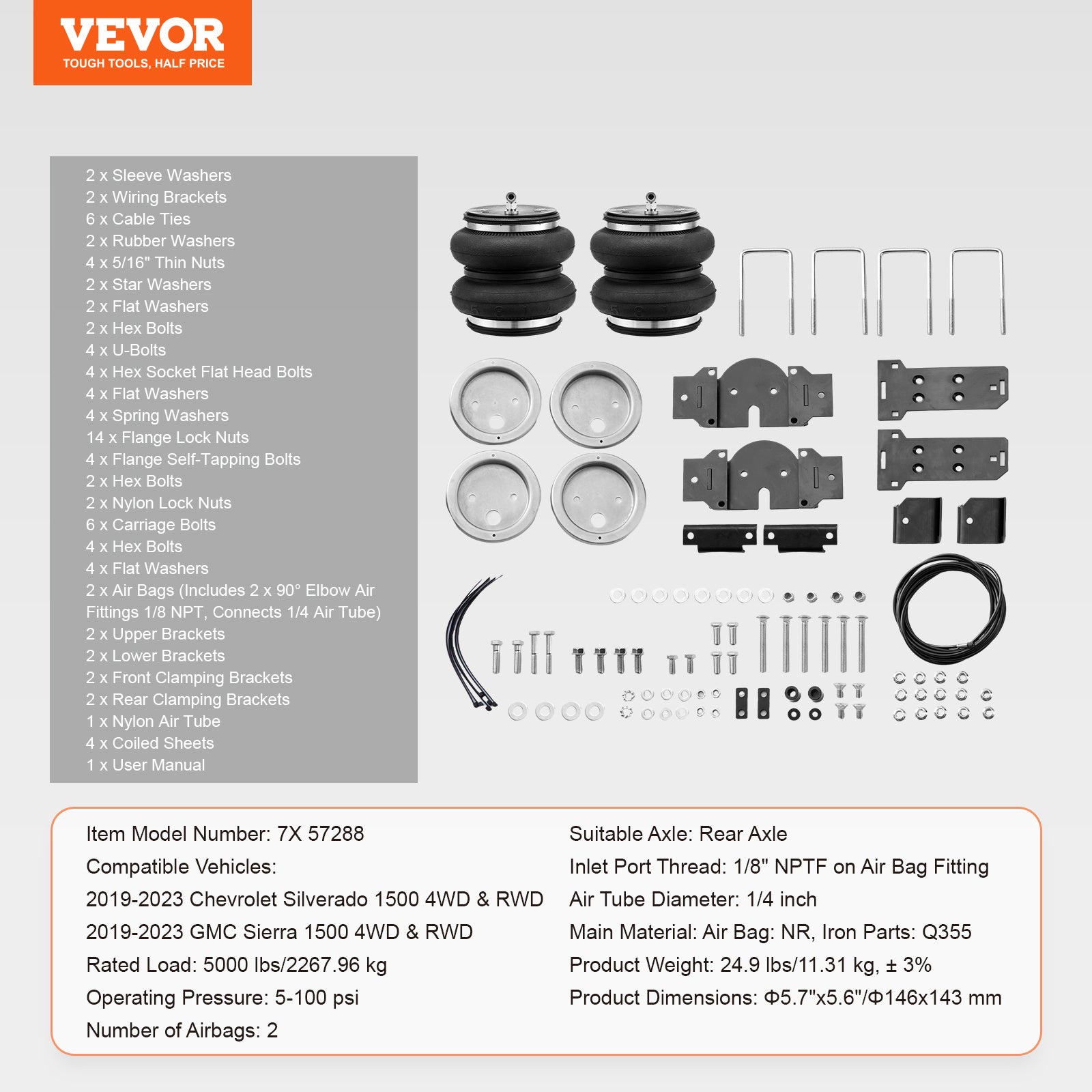 VEVOR Air Bag Suspension Kit, Air Spring Suspension Bag Kit, 5000 Lbs Load Capacity, 5 to 100 PSI