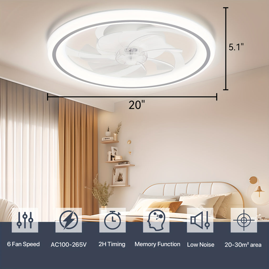20 Inch Modern Dimmable LED Ceiling Fan Light, APP & Remote Control, 3 Color Temperatures, 6 Speed Levels, Flush Mount Design for Bedroom, Night Mode, Timer Function, Wireless Control, Polished Finish, Bedroom Ceiling Fan, Modern Lighting