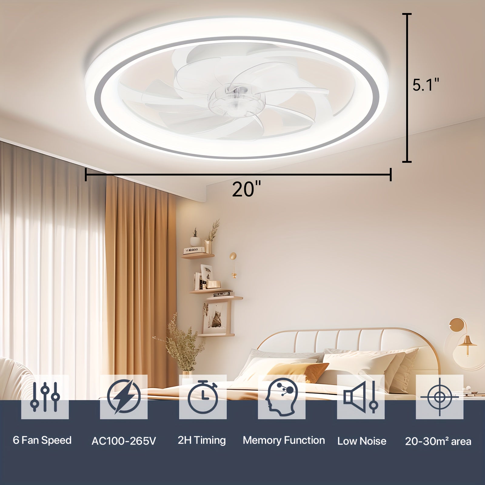 20 Inch Modern Dimmable LED Ceiling Fan Light, APP & Remote Control, 3 Color Temperatures, 6 Speed Levels, Flush Mount Design for Bedroom, Night Mode, Timer Function, Wireless Control, Polished Finish, Bedroom Ceiling Fan, Modern Lighting