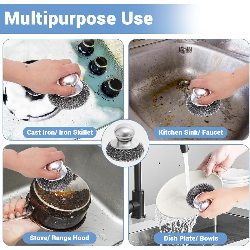 Stainless Steel Kitchen Scrubber Brush with Handle – Heavy-Duty Pot & Dish Cleaning Tool for Stubborn Stains, Easy-Grip Design for Effortless Kitchen Cleaning