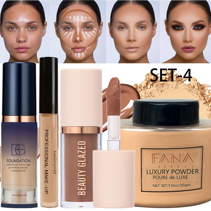 4件/套 液体粉底 Concealer 面部散粉，面部彩妆套装，持久妆效，防水防汗，完美妆容，女士彩妆，哑光质地，适合新手，日常妆容，理想的节日礼物