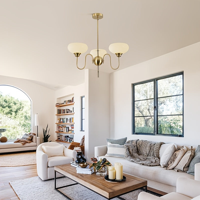 Elegant Gold Three-Light Pendant Light, Mid-Century Modern Chandelier with Opal Glass Shade, Adjustable Hanging Ceiling Light, Suitable for Dining Table and Living Room