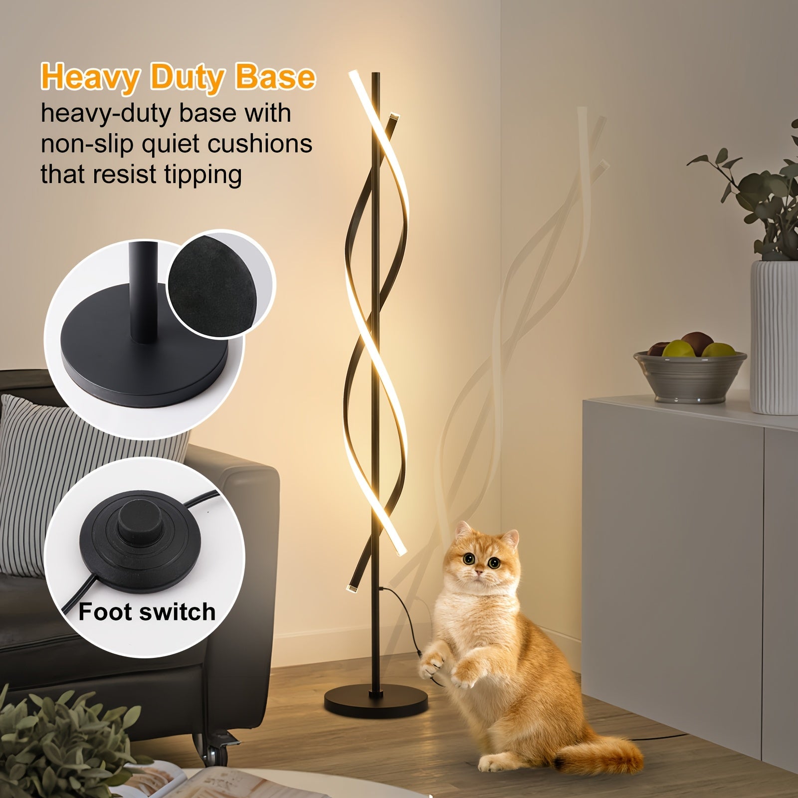 Modern LED floor lamp, 60" 3-color temperature spiral floor lamp, 360° luminous design vertical lamp, timer 48W dimmable reading floor lamp, high black and white corner floor lamp for living room, bedroom, office