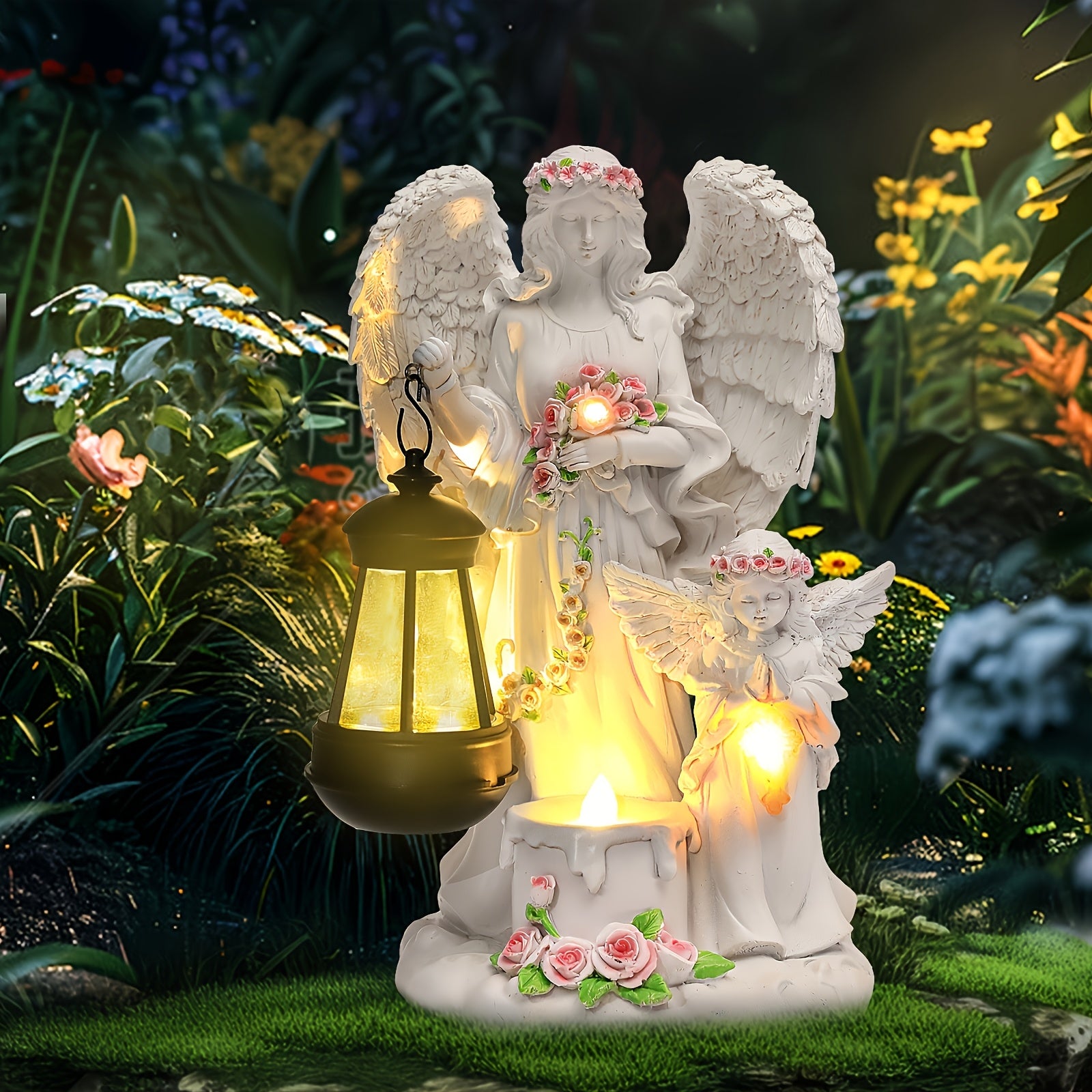 OTDECOR 1-Piece Angel Lantern Outdoor Statue, Flower-Decorated Winged Angel Outdoor Tabletop Decoration, Soft Warm Light Angel Ornament Outdoor Tabletop Accessory, Quiet Patio Garden Outdoor Decor Outdoor Tabletop Statue