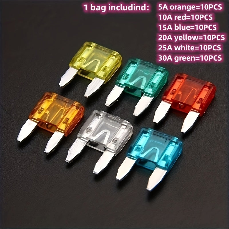 60PCS Mini Blade Fuses in Bag - Small Size 5A/10A/15A/20A/25A/30A