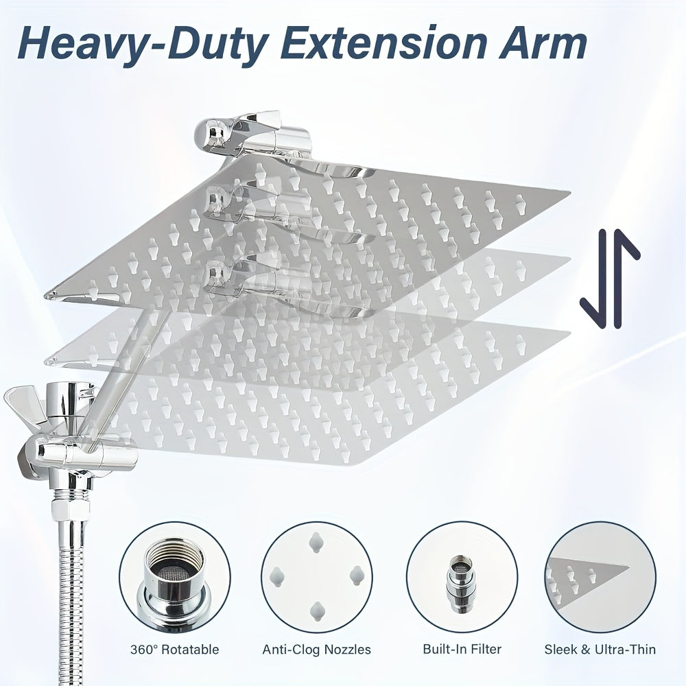 High Pressure Rain Shower & Handheld Combo - 4 Settings, 13" Extension Arm, 78" Hose, Fully Adjustable Height & Angle