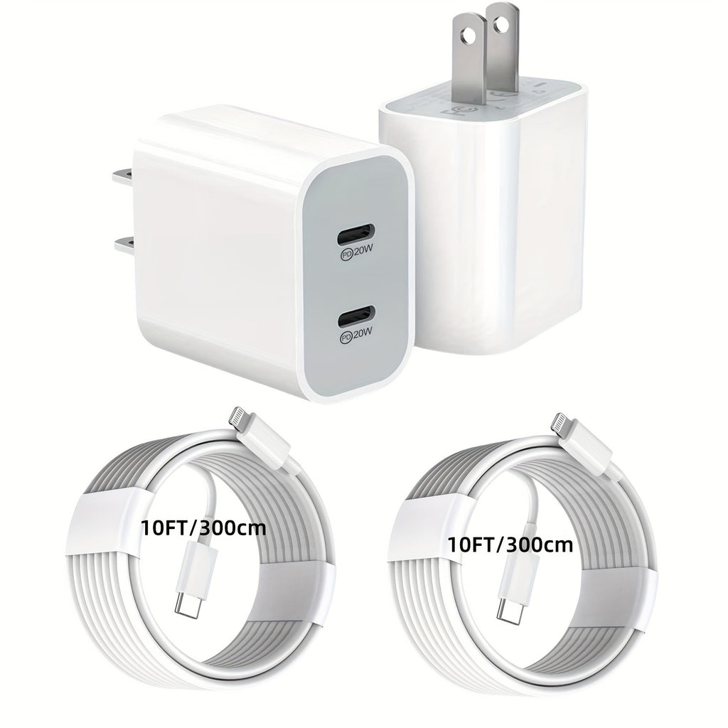 40W Dual USB-C Quick Wall Charger with 10FT Charging Cables, Perfect for Fast Charging Your for Iphone 14/13/12/11/Xr/Xs/Se/Ipad