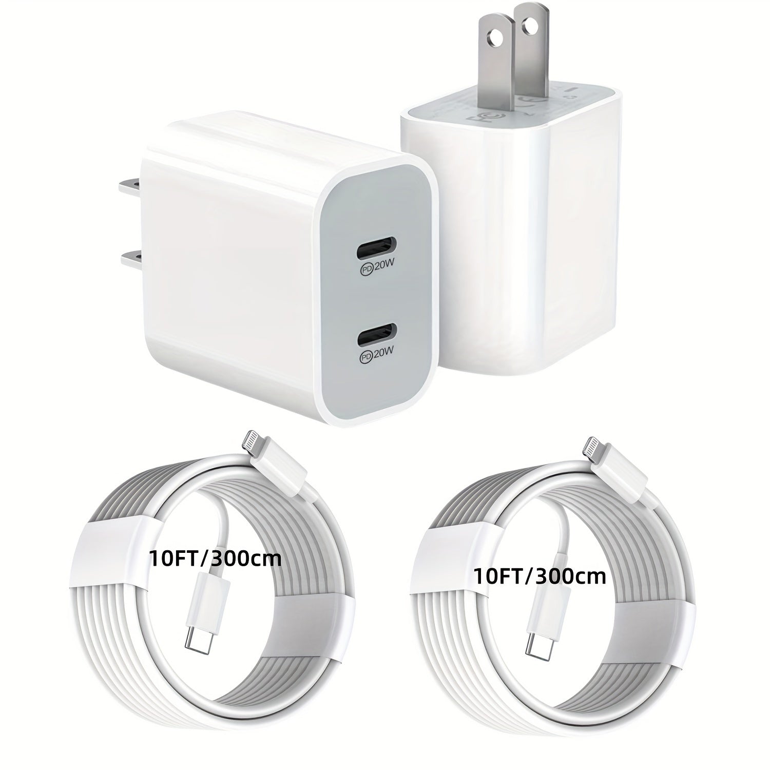 40W Dual USB-C Quick Wall Charger with 10FT Charging Cables, Perfect for Fast Charging Your for Iphone 14/13/12/11/Xr/Xs/Se/Ipad