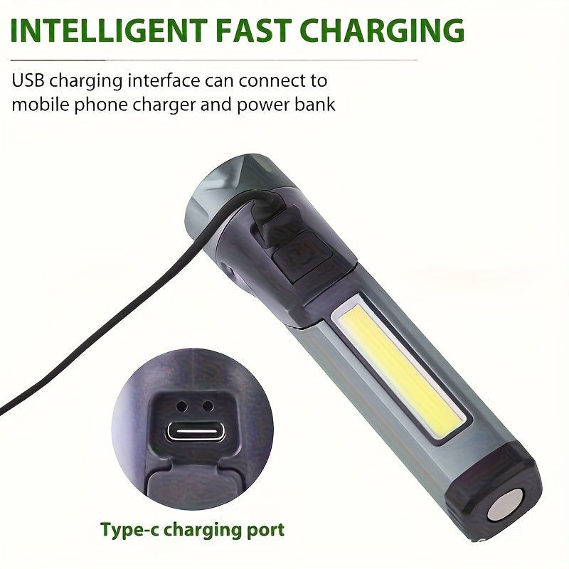 Multifunctional High Strength Flashlight 90° Rotatable Foldable Handheld Work Light Portable Type-C Rechargeable 7 Lighting Modes Magnetic Side COB 18650 Flashlight with 1500mAh Battery Camping Gear Outdoor Lighting