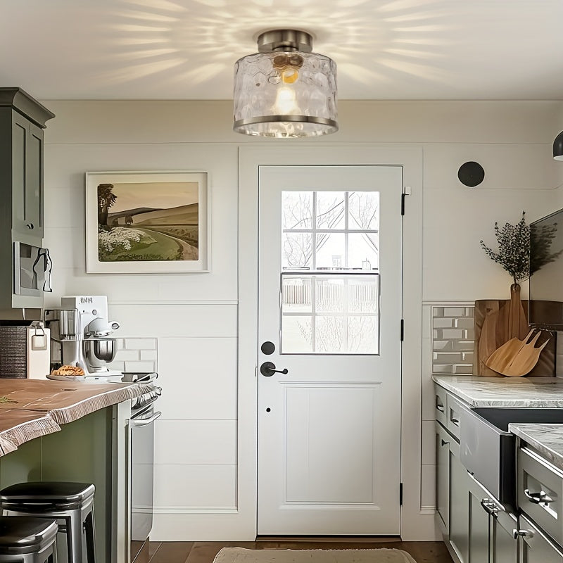 1-Light Modern Farmhouse Semi-Flush Mount Ceiling Light with Brushed Nickel Finish and Clear Water Ripple Glass Shade - Low-Profile Modern Fixture, Suitable for Bedroom, Hallway, Kitchen - Compatible with E26 Socket