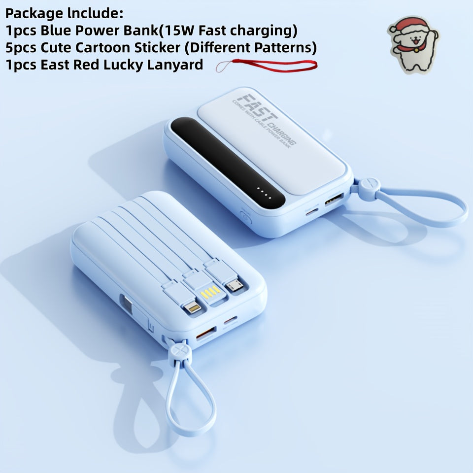 10000mAh 迷你可愛 5W/15W/22.5W 超級快充多功能卡通行動電源，可充電便攜式手機充電器，內含 4 條充電線，戶外旅行必備電池組，智慧 LED 數位顯示，Micro & Type-C 輸入