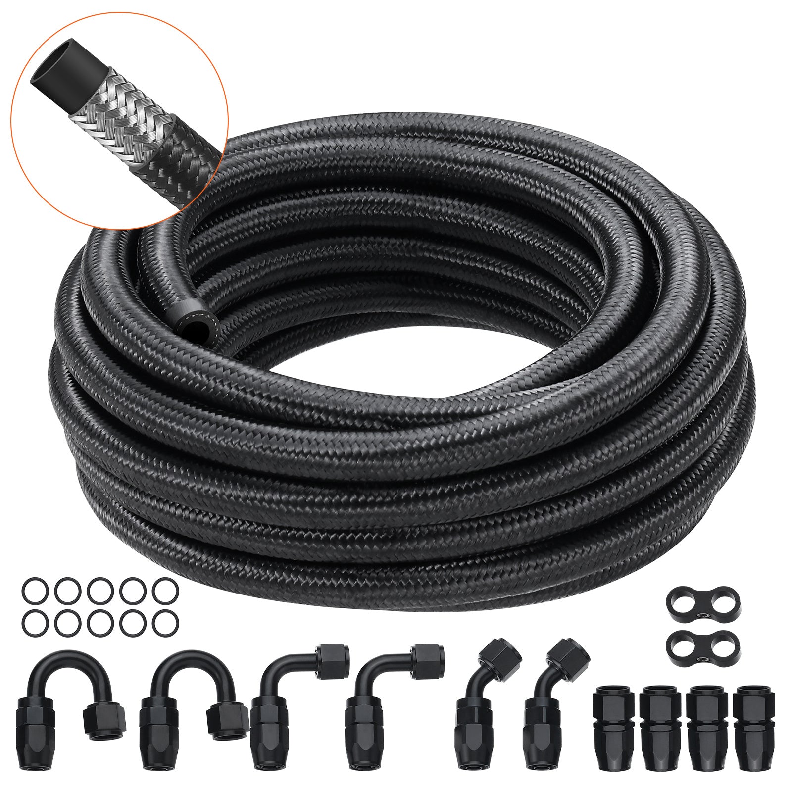 VEVOR 6AN/8AN Fuel Line Kit, 20 FT Fuel Hose Kit, 0.34"/0.43" Nylon Stainless Steel Braided Fuel/Gas/Diesel Hose End Fitting Kit, with 12 PCS Swivel Fitting Adapter Set, Black