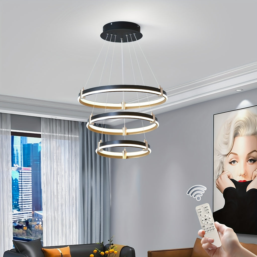 Modern LED pendant light, 90W dimmable modern LED black pendant light, 3-ring acrylic hanging pendant lighting fixture, kitchen island, dining room, living room, bedroom, foyer