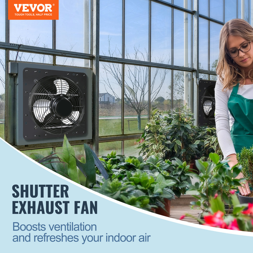 VEVOR Shutter Exhaust Fan, 12''/14''/16'' with Temperature and Humidity Controller, EC Motor, 940 CFM/1513 CFM/1747 CFM, 10-Speed Wall Mount Attic Fan for Greenhouse, Garage, Shed Ventilation and Cooling
