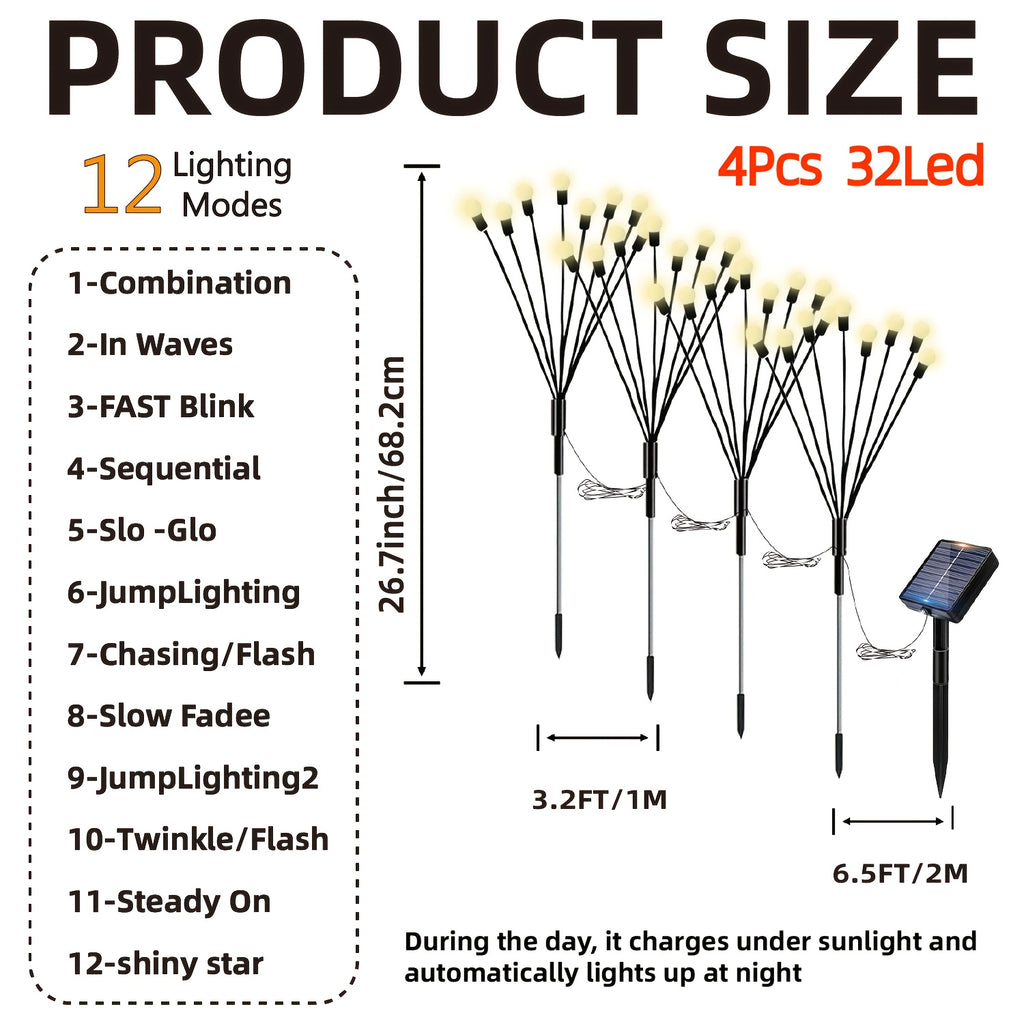 Set of 4 Solar Firefly Garden Lights, Equipped with 32 LED Beads, Featuring 12 Different Lighting Modes. These Lights Automatically Turn On at Night, Perfect for Use in Courtyards, Walkways, Gardens, Parties, Weddings, Festivals and Camping Decor.
