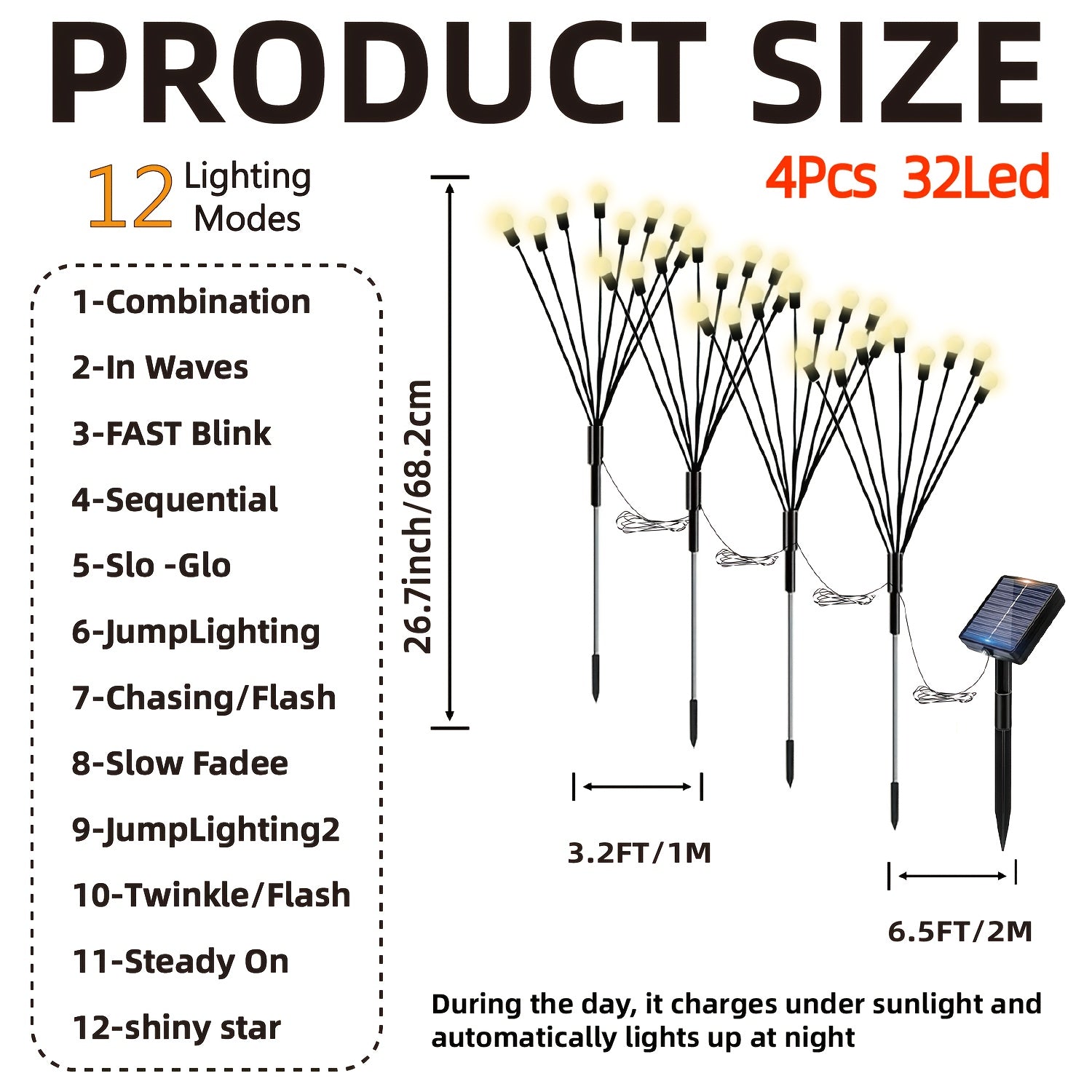 Set of 4 Solar Firefly Garden Lights, Equipped with 32 LED Beads, Featuring 12 Different Lighting Modes. These Lights Automatically Turn On at Night, Perfect for Use in Courtyards, Walkways, Gardens, Parties, Weddings, Festivals and Camping Decor.