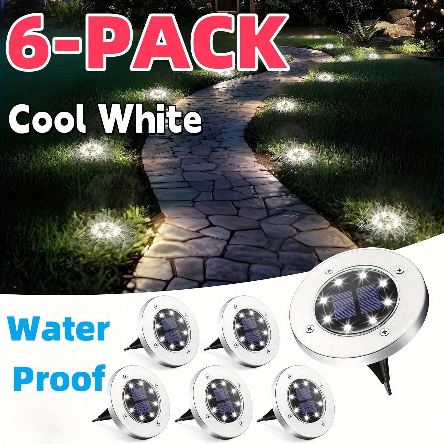 18/10/6-Pack Solar Ground Light, Outdoor Waterproof Solar Light, 8-LED Solar Landscape Light, Suitable for Garden, Courtyard, Patio, Path, Driveway, Walkway (Cool White Light)