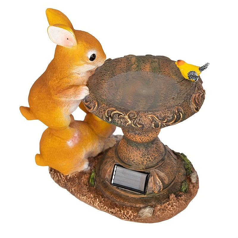 Outdoor Solar Light Creative Double Rabbit Drinking Water Ornament Resin Craft Garden Courtyard Light Balcony Animal Decoration Suitable for Porch, Courtyard and Gardening Decoration, Ideal Gift for Women and Grandmothers