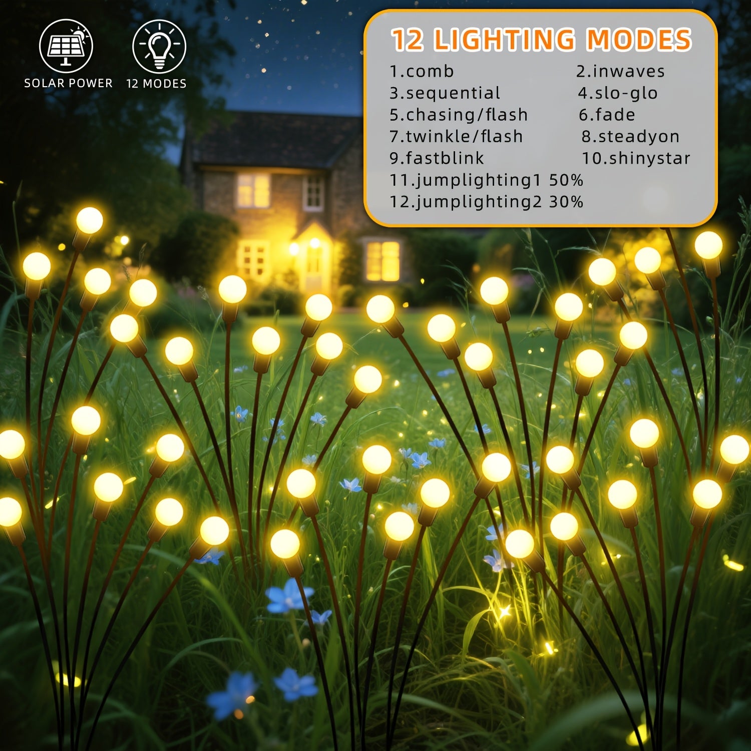 Set of 4 Solar Firefly Garden Lights, Equipped with 32 LED Beads, Featuring 12 Different Lighting Modes. These Lights Automatically Turn On at Night, Perfect for Use in Courtyards, Walkways, Gardens, Parties, Weddings, Festivals and Camping Decor.
