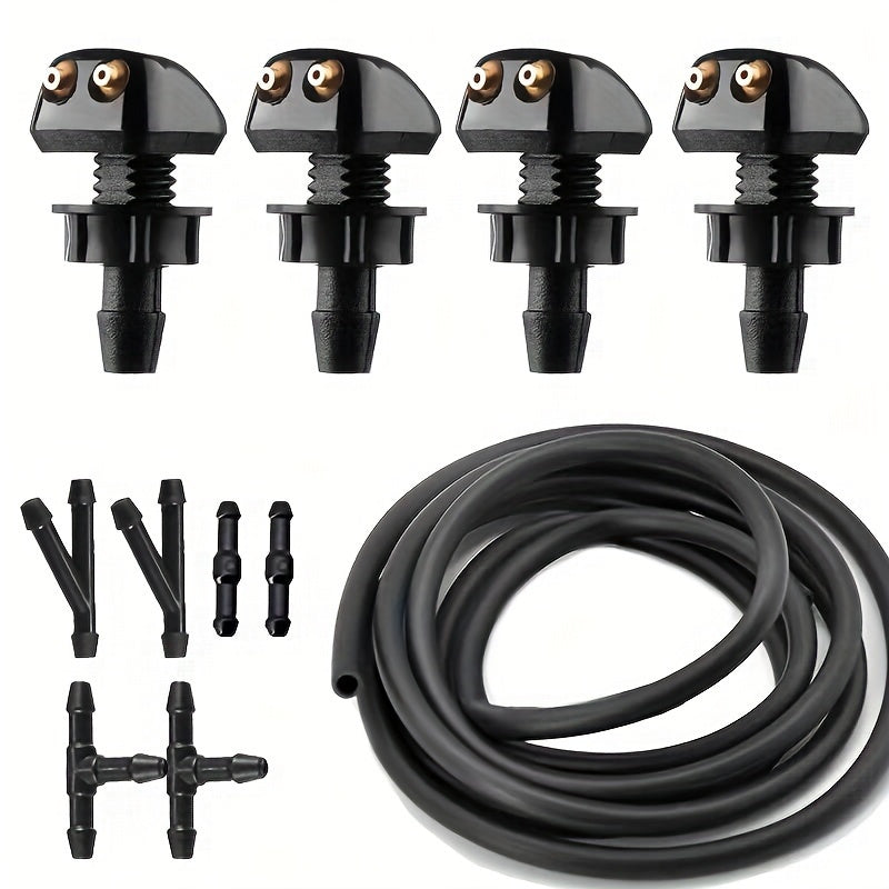 11-Piece Universal Windshield Wiper Blade Nozzle Kit – Includes 1 Hose (78.74"), 6 Connectors & 4 Dual-Hole Nozzles, for Replacement & Repair