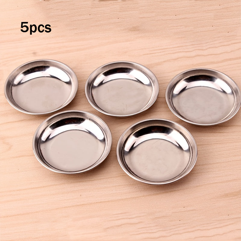5-Piece Set Stainless Steel Round Mini Plates – Small Dip Tray, Flat Bottom Seasoning Dish – Perfect for Kitchen & Dining – Durable & Easy to Clean – Ideal Choice for Dipping Sauces
