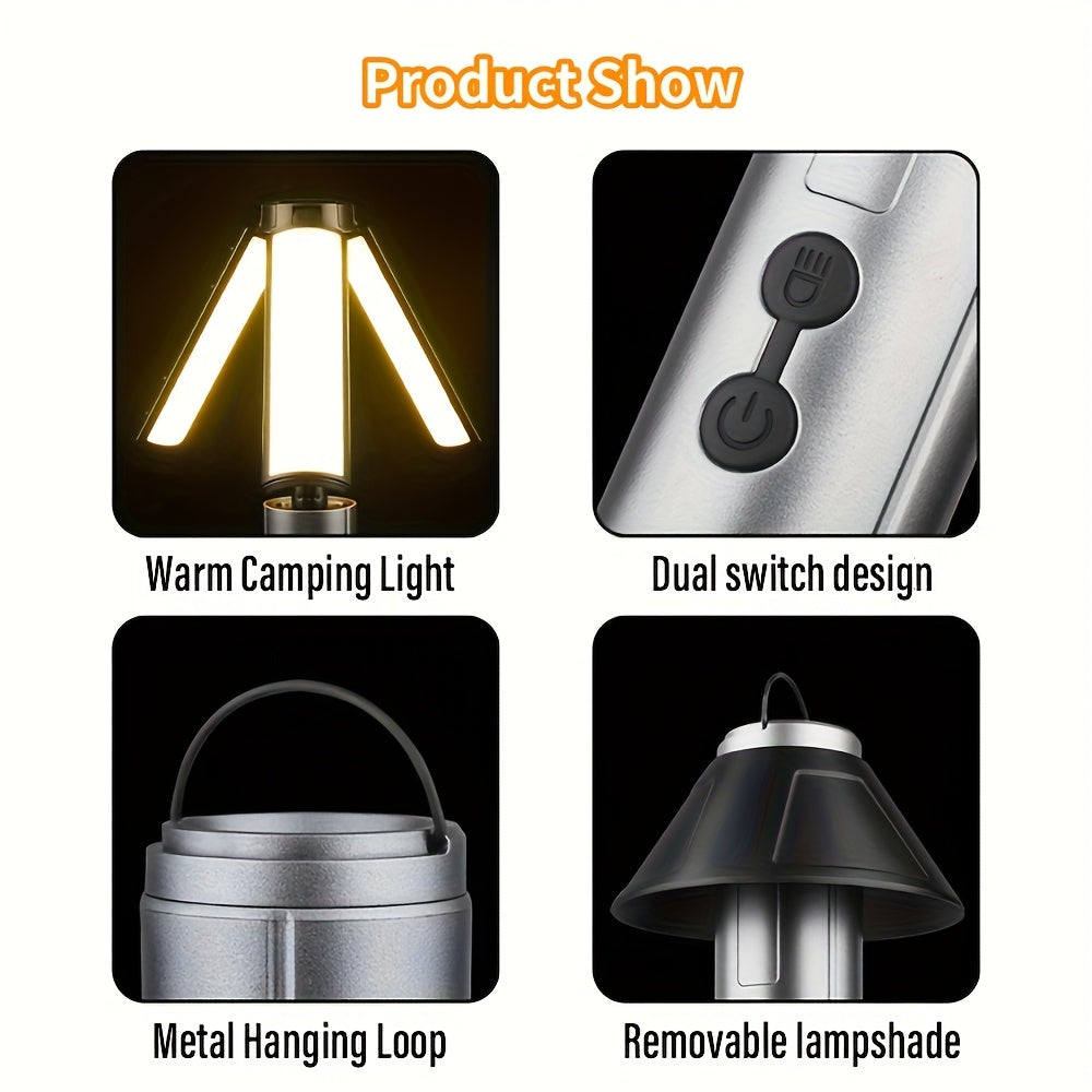 2-in-1 LED Camping Light & High Bright Flashlight, 4-Section Telescopic Rod, 270° Adjustable Beam, Hook Design, Detachable Shade Cover, Dual Switch Modes, USB Rechargeable Camping Lamp with Bracket Base, Ideal for Outdoor Adventure
