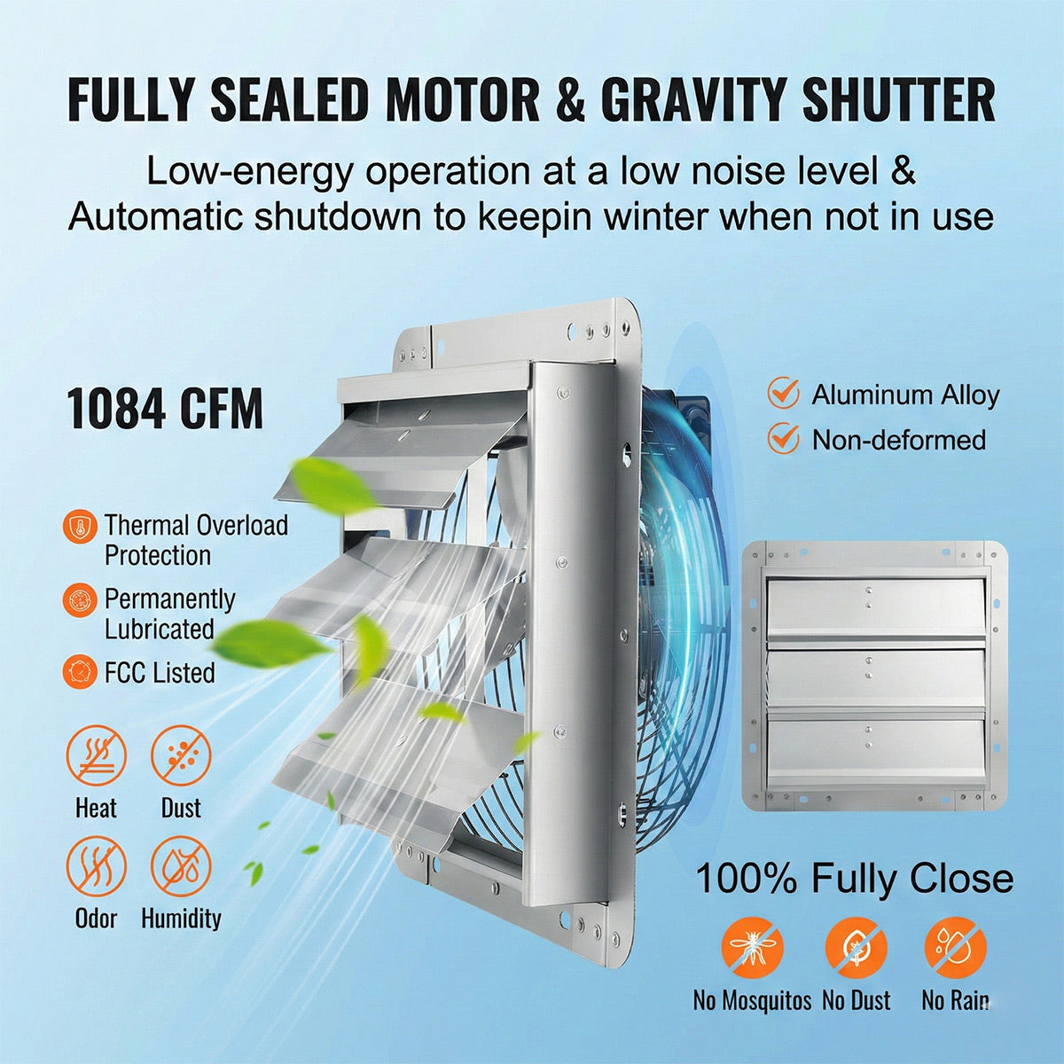305mm Louvered Exhaust Fan 1400RPM & 1084CFM, AC Motor, Aluminum Wall Mount Attic Ventilation Fan, Net Weight 3.4KG, High Efficiency & Stable Operation