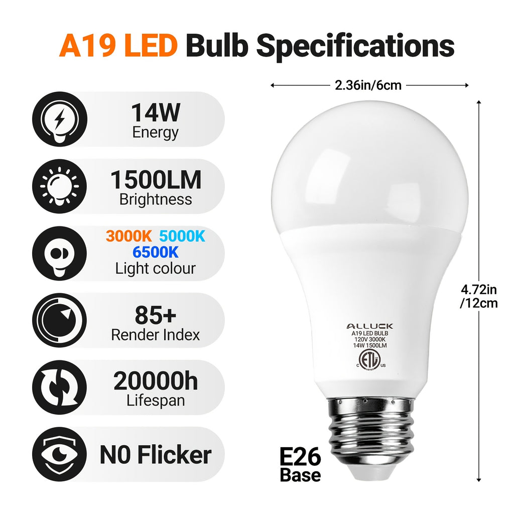 ALLUCK A19 LED 灯泡 6 件装，14W 1500LM（100W 等效），E26 底座，可选色温（3000K 暖白/5000K 日光/6500K 冷色），CRI 85+，无闪烁，持久，护眼，不可调光 家庭、办公室和商业用途，暖色环境照明