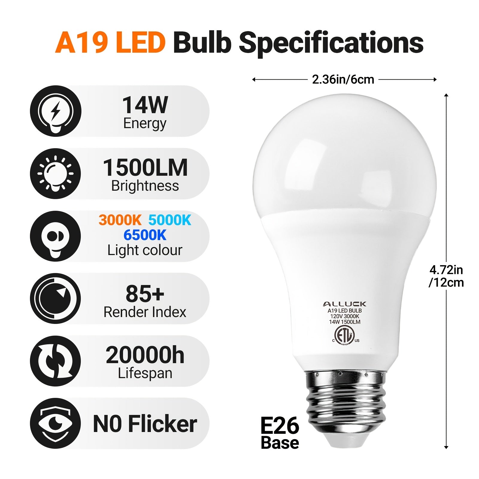 ALLUCK A19 LED 灯泡 6 件装，14W 1500LM（100W 等效），E26 底座，可选色温（3000K 暖白/5000K 日光/6500K 冷色），CRI 85+，无闪烁，持久，护眼，不可调光 家庭、办公室和商业用途，暖色环境照明