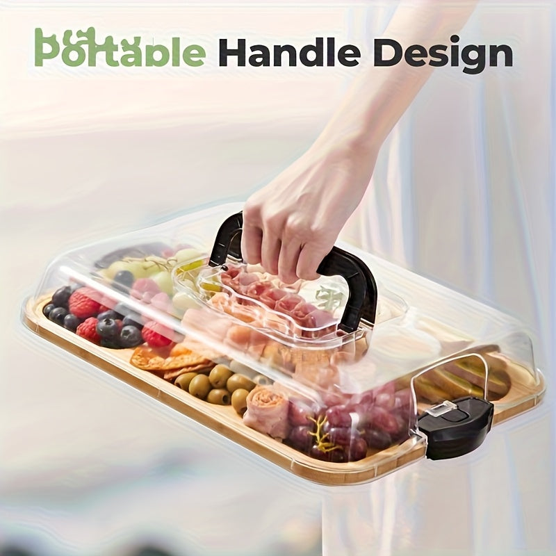 1pc Cheese Tray with Clear Acrylic Lid – Portable Charcuterie Board for Camping, Parties, Restaurants | Serving Tray for Holiday Appetizers, Deli & Snacks – Reversible as Cutting Board – Party Snack Organizer, Secure Snap-On Lid