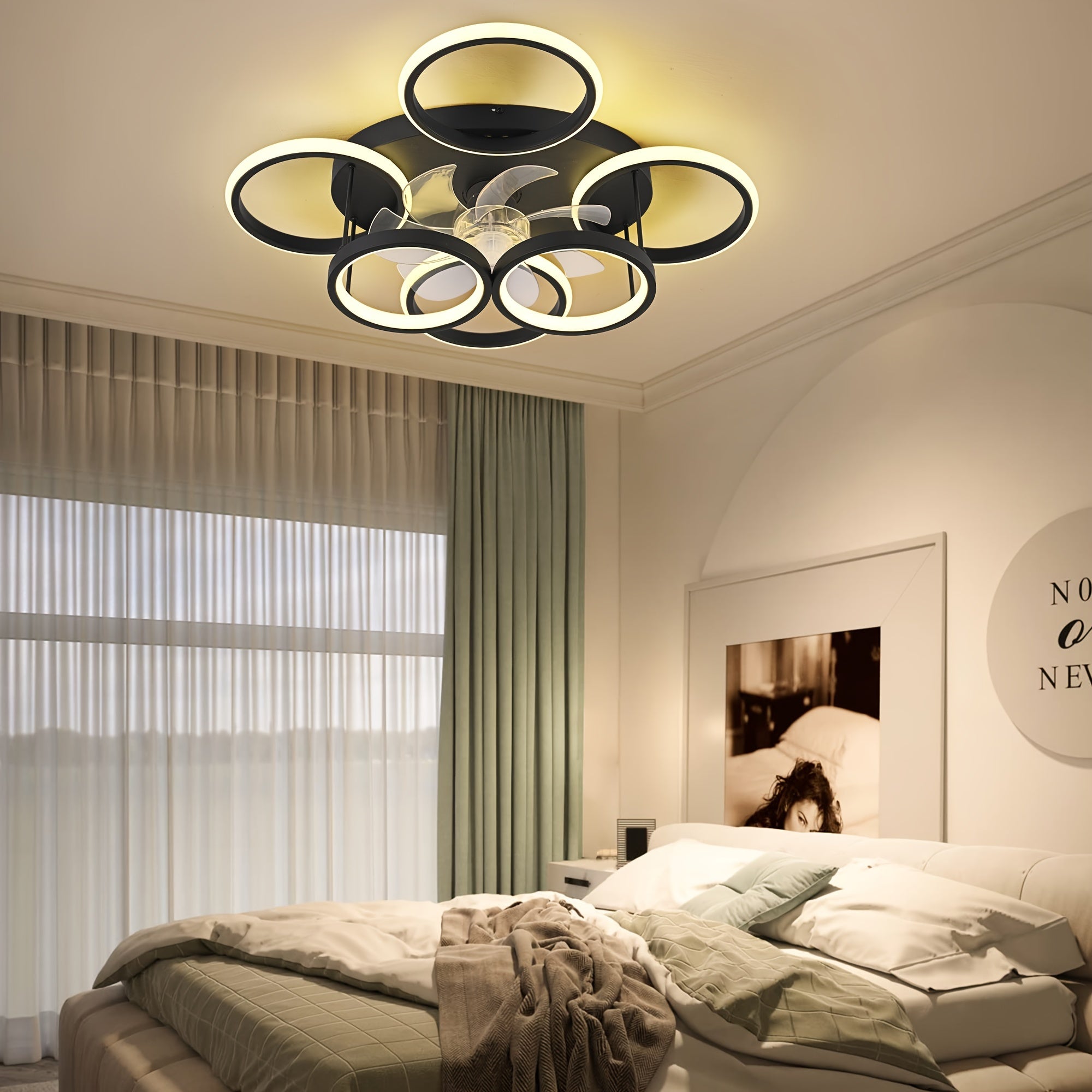 Qcyuui Modern Fan Light - Remote Dimmable LED Light, Bladeless Design, Reversible Motor, 6-Speed Silent Fan, Remote Color Temperature/Dimming, Semi-Flush Mount (24.8 Inch Black), for Living Room, Dining Room, Office