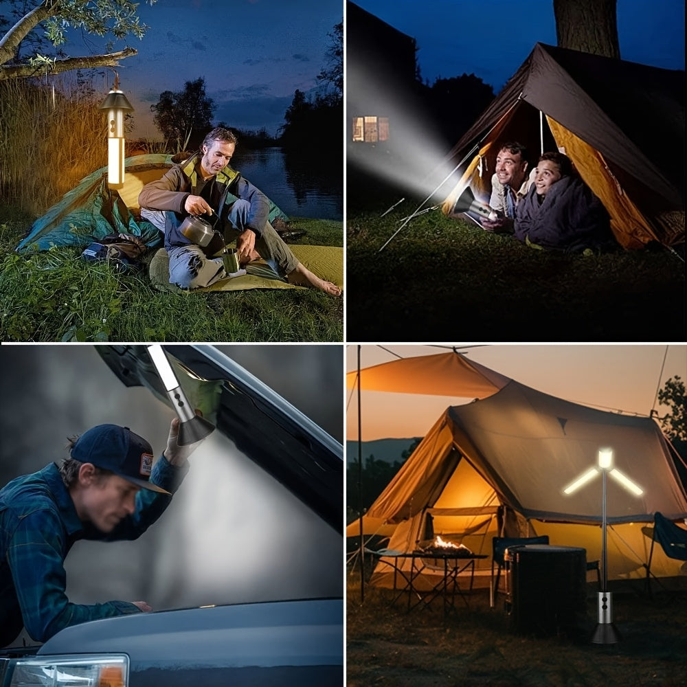 2-in-1 LED Camping Light & High Bright Flashlight, 4-Section Telescopic Rod, 270° Adjustable Beam, Hook Design, Detachable Shade Cover, Dual Switch Modes, USB Rechargeable Camping Lamp with Bracket Base, Ideal for Outdoor Adventure