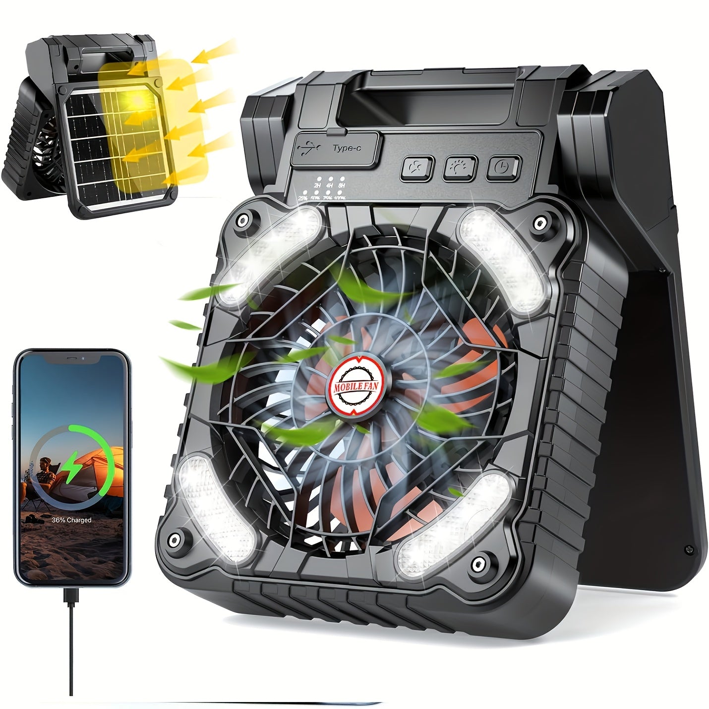New Portable Solar USB Rechargeable Outdoor LED Fan Light, Foldable Camping Desktop Fan Lamp